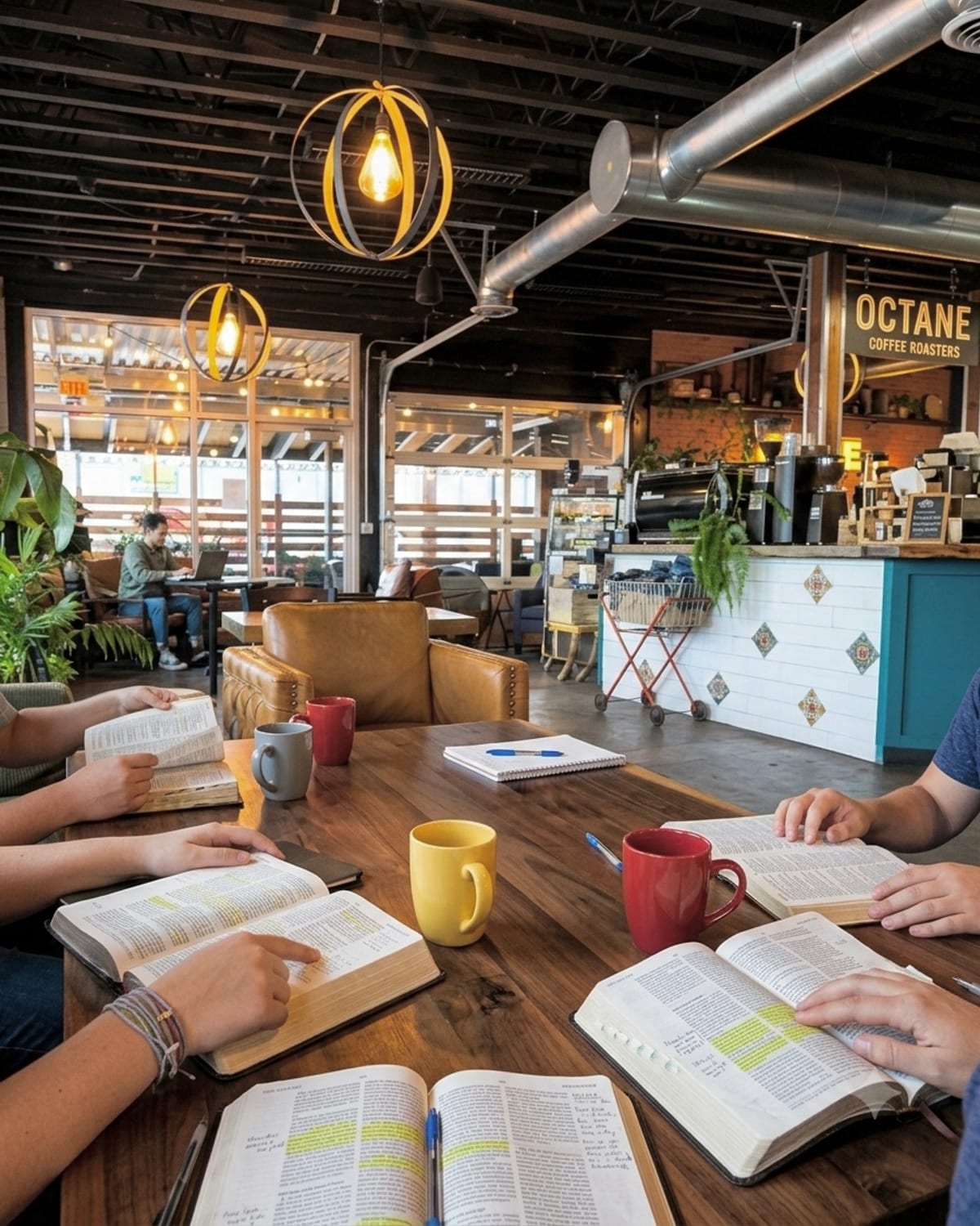 Morning Star Christian Church Tuesday Bible reading at a Boise coffee shop. Open Bibles, coffee mugs, and a small group reading scripture together over coffee.