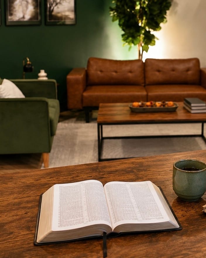 An open Bible on a wood table in a warm Boise living room, set for a Morning Star Christian Church Tuesday evening home group