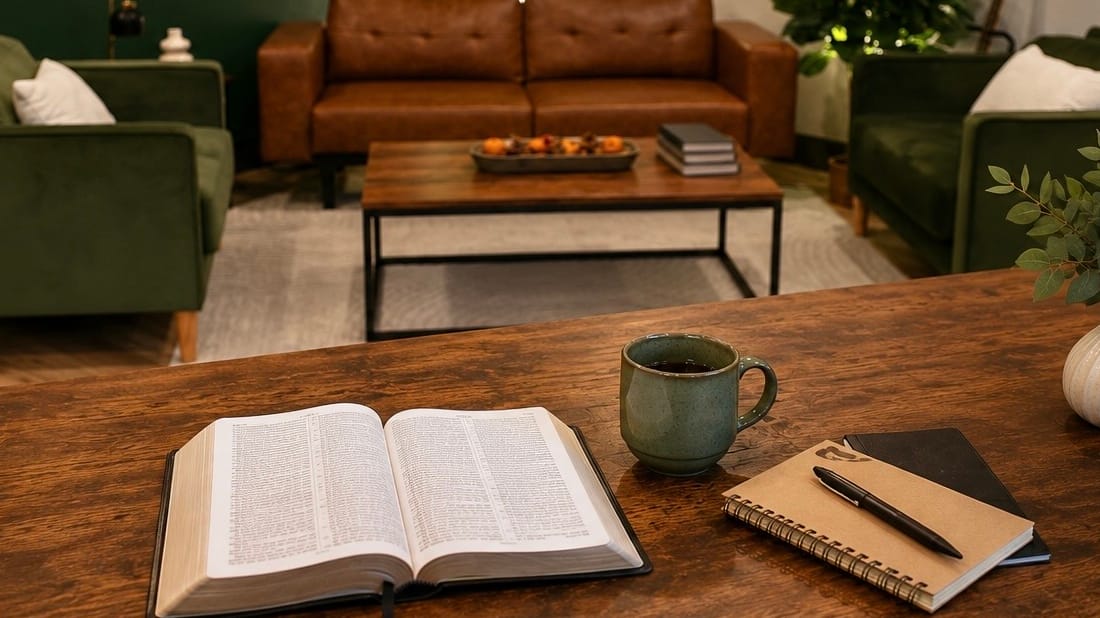 Thursday evening Bible study at Morning Star Christian Church in Boise, Idaho. An open Bible on a wood table with coffee in a warm lounge.