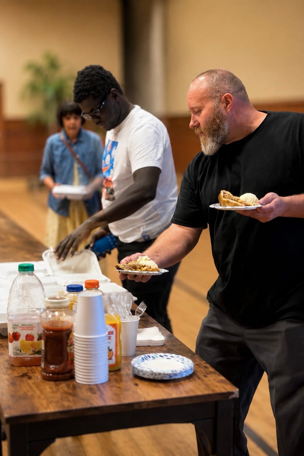 Morning Star Christian Church members serving themselves breakfast from the table after the Sunday service in Boise, Idaho