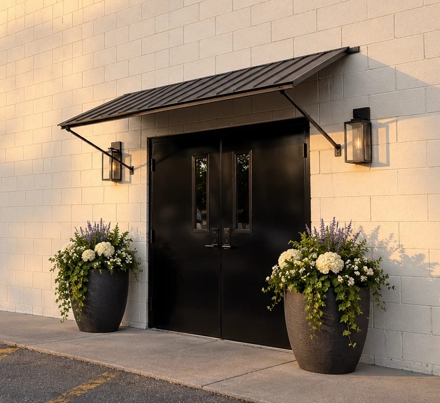 The entrance to Morning Star Christian Church in Boise, Idaho: black double doors under a standing-seam awning on a cream block wall, a lantern either side and a planter of white hydrangeas at each corner, in evening light.
