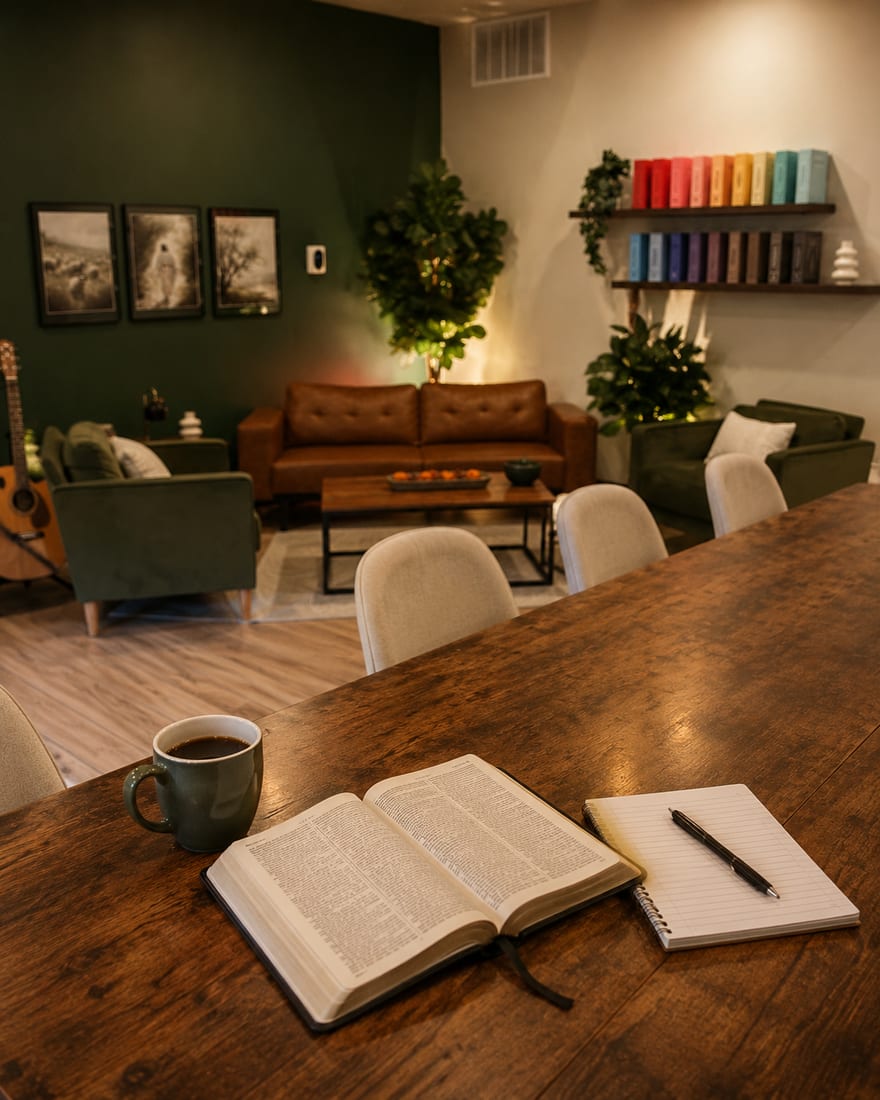 An open Bible, a cup of coffee, and a notebook on a wooden table set for Morning Star Christian Church's Thursday evening Bible study in Boise