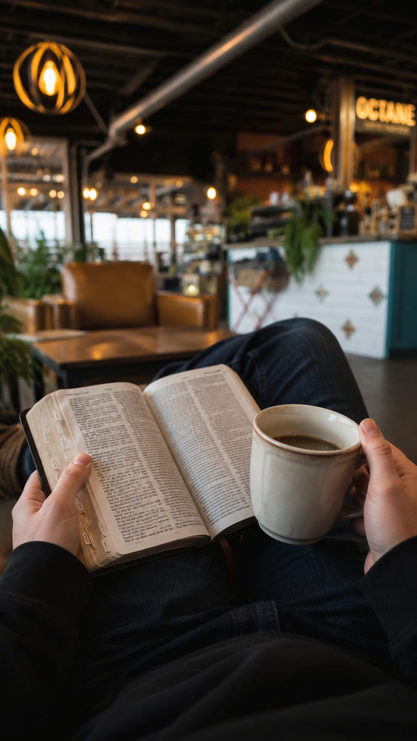 An open Bible and a cup of coffee at a Boise coffee shop during Morning Star's Tuesday morning Bible reading