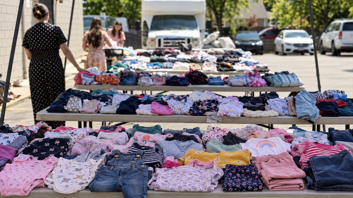 Tables of donated children’s clothes laid out under a canopy by Morning Star Christian Church volunteers for the single mothers ministry in Boise, Idaho