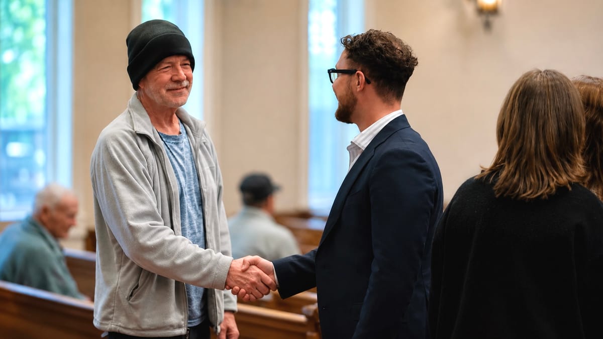 Two members of Morning Star Christian Church greeting and welcoming each other in the sanctuary